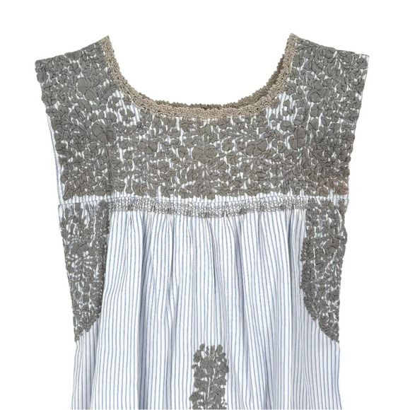 Mi Golondrina Sleeveless Embroidered Blouse in Blue White Stripe and Gray XS - Picture 3 of 5